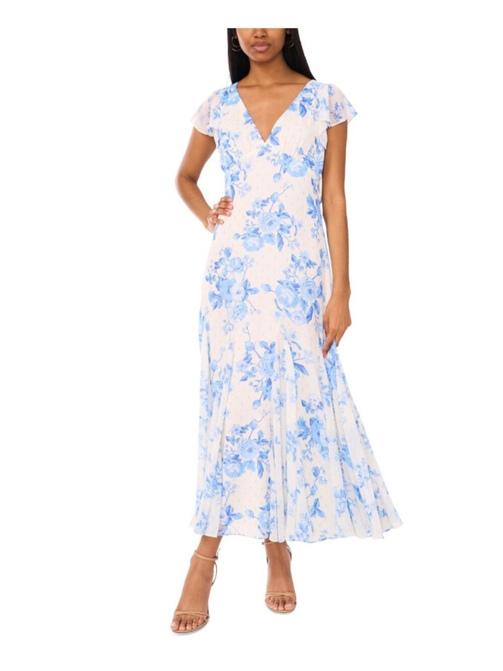 CeCe Women's Printed V-Neck Flutter-Sleeve Chiffon Dress Blue White Size 16 $119